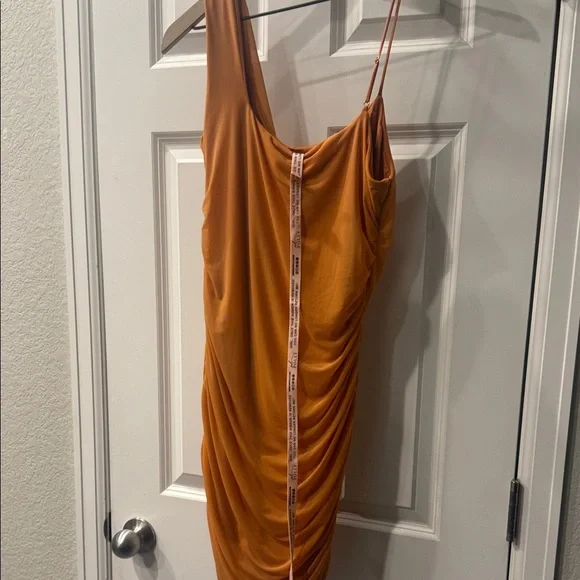 Oh Polly | Lasting Lover Asymmetrical Cowl Neck Mini Dress in Caramel - BNWT - Picture 7 of 9